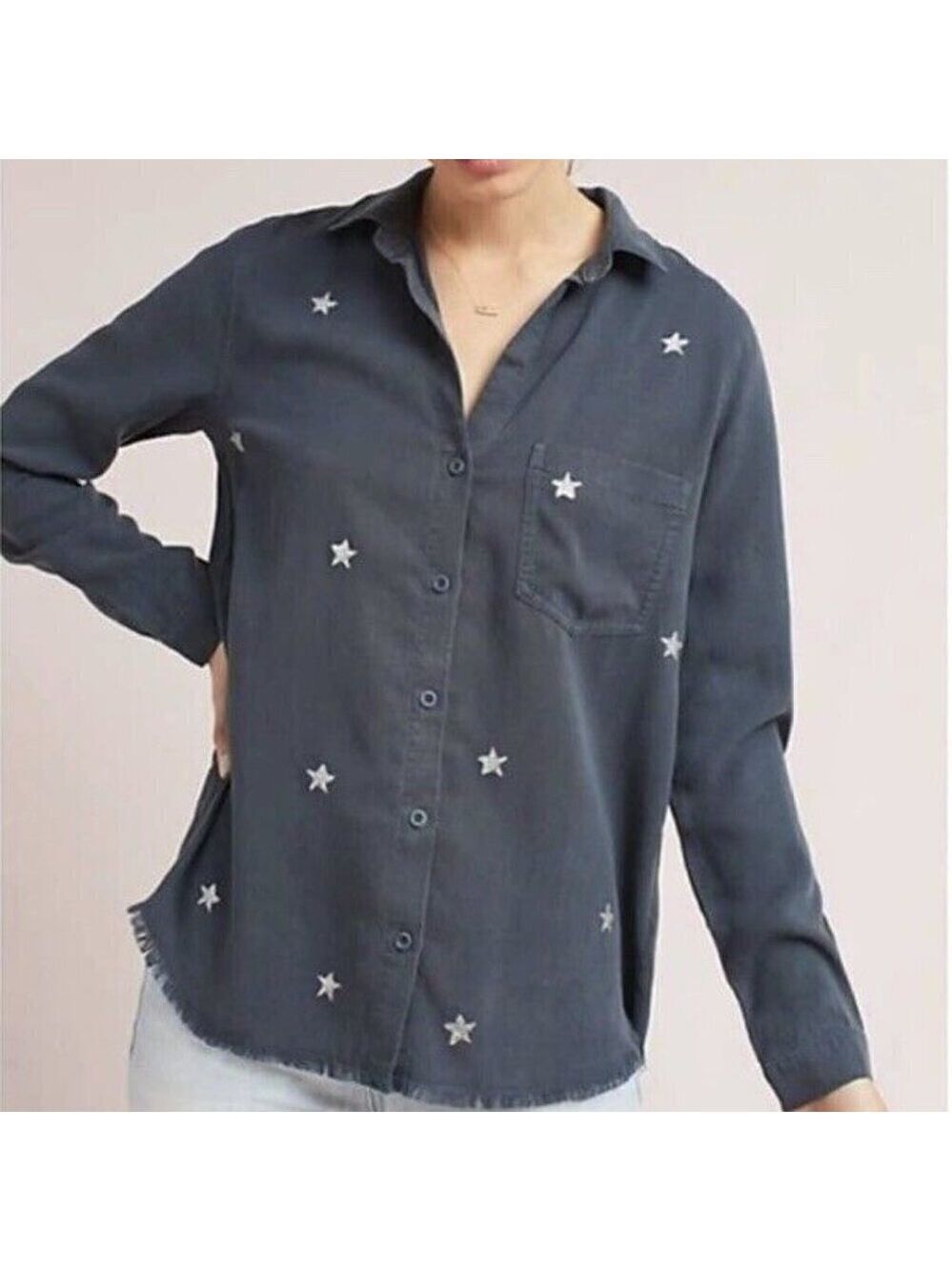 Cloth & Store Chambray Stargazer Dusty Navy and Silver Star Button Down Sz XS